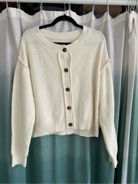 Ivory Button-Front Textured Knit Cardigan